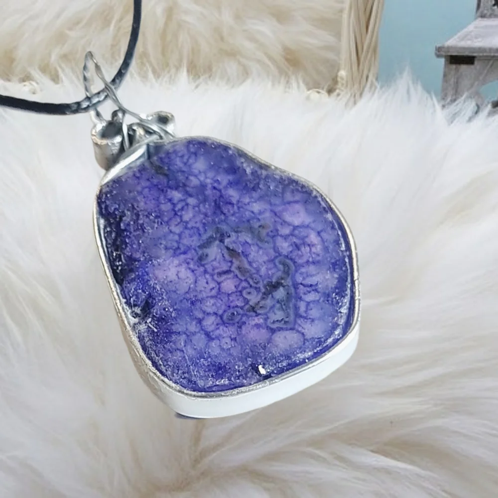Handmade Natural Druzzy Pendant with Black Cord Necklace